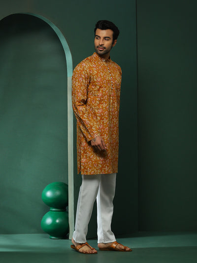 Mustard Floral Print Long Kurta