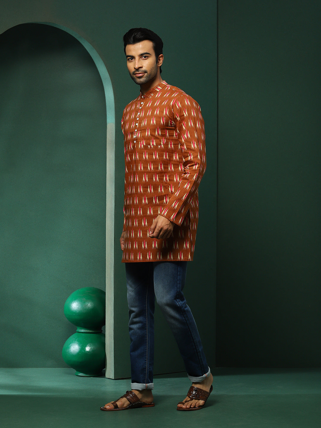 Brown Ikat Print Long Kurta