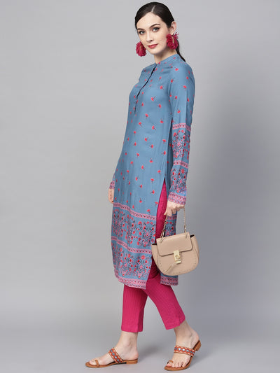 Blue & Pink Printed Straight Kurta