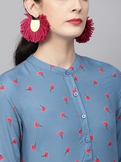 Blue & Pink Printed Straight Kurta