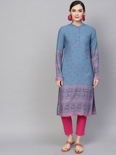 Blue & Pink Printed Straight Kurta