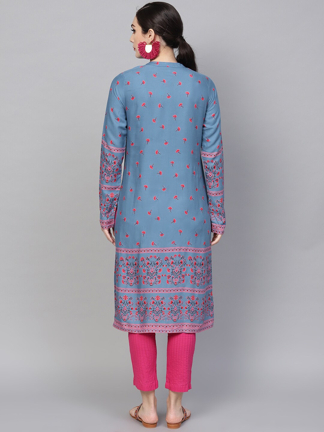 Blue & Pink Printed Straight Kurta