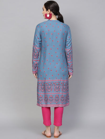 Blue & Pink Printed Straight Kurta