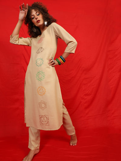 Beige Block Print Kurta With Palazzo