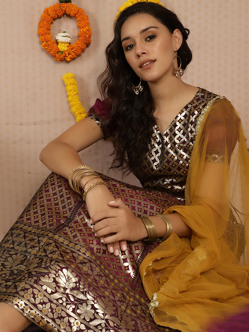 Purple Jacquard Lehenga Choli With Dupatta & Potali Bag