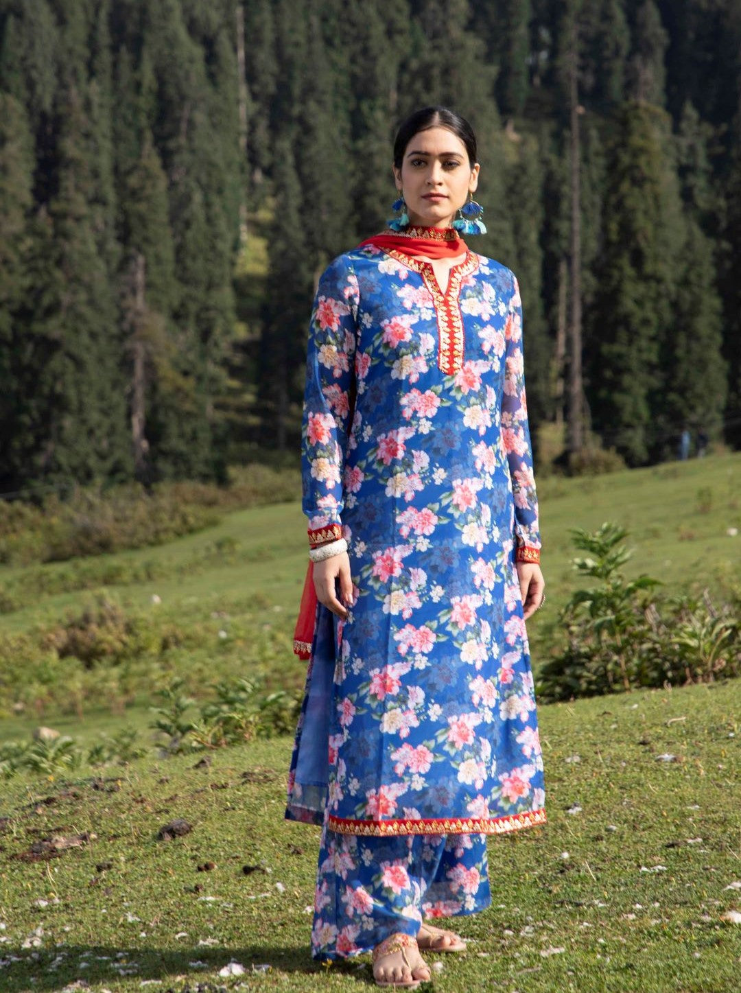 Blue Floral Print Kurta Palazzo With Dupatta