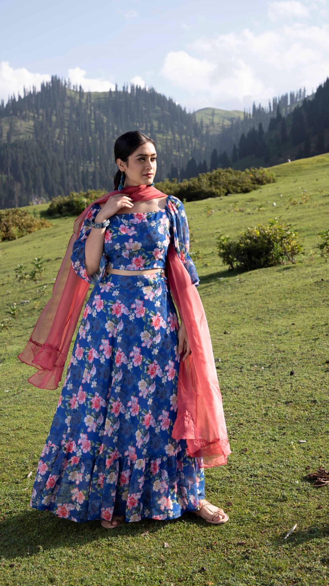 Blue Floral Print Lehenga Choli With Dupatta