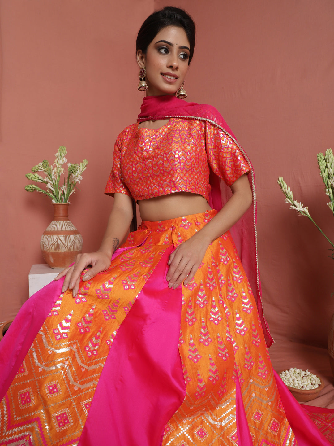 Pink Brocade Lehenga Choli With Dupatta