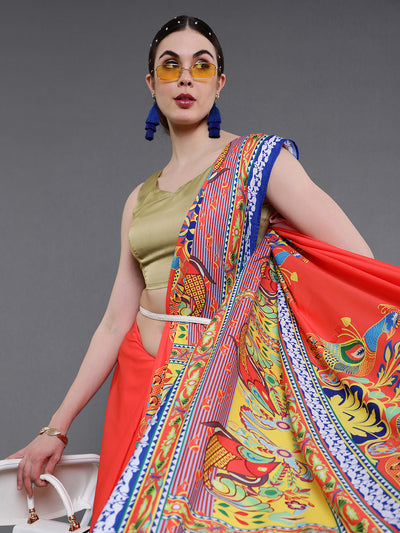 Orange Abstract Printed Saree With Unstitched Blouse Piece