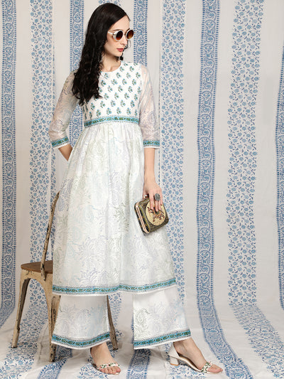 White Block Printed A-Line Kurta With Palazzo