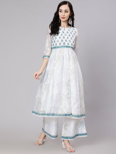 White Block Printed A-Line Kurta With Palazzo