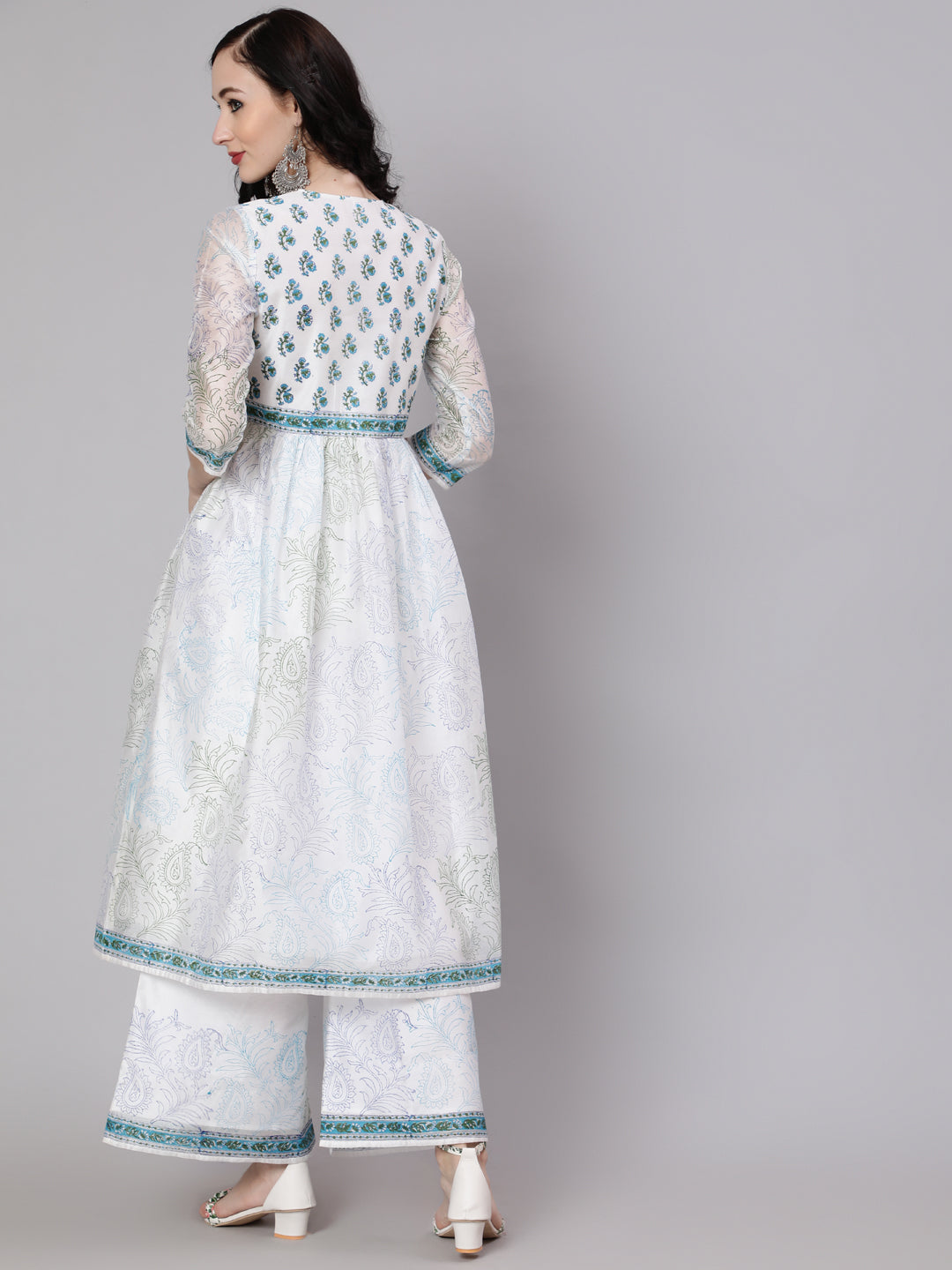 White Block Printed A-Line Kurta With Palazzo