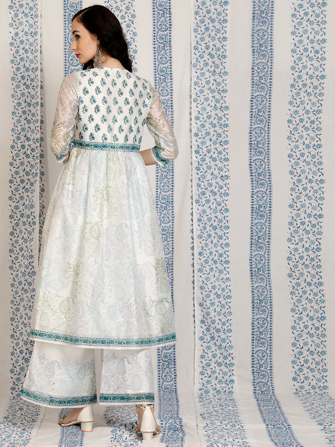 White Block Printed A-Line Kurta With Palazzo