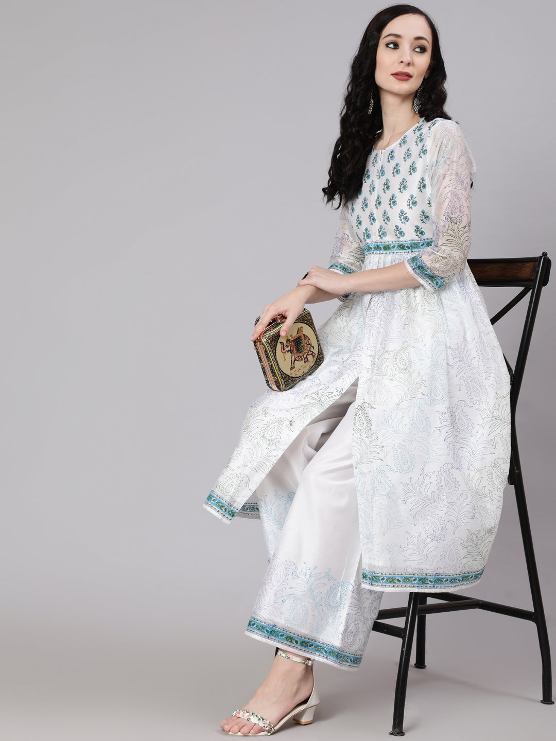 White Block Printed A-Line Kurta With Palazzo