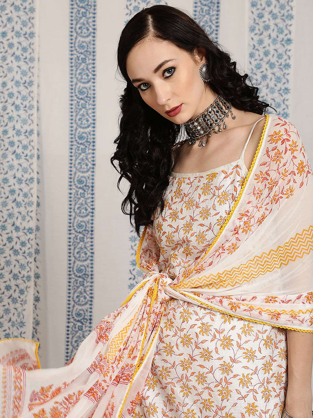 White Block Print Kurta Palazzo With Dupatta