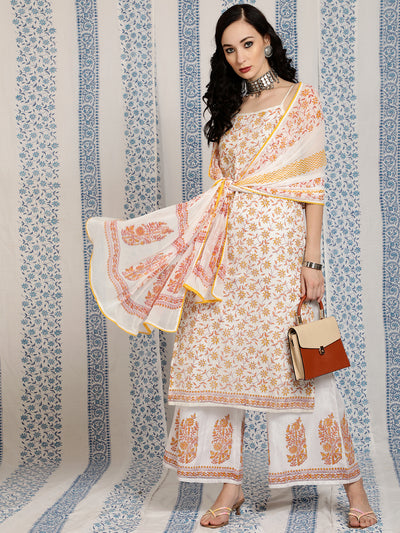 White Block Print Kurta Palazzo With Dupatta