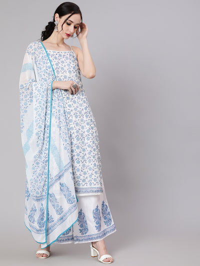 White Block Printed Kurta Palazzo With Dupatta