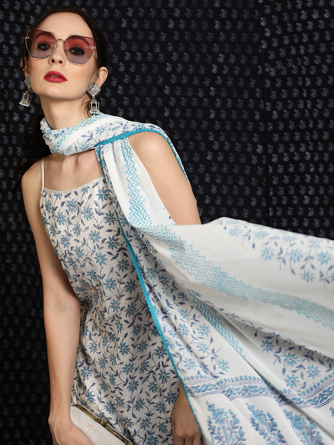 White Block Printed Kurta Palazzo With Dupatta