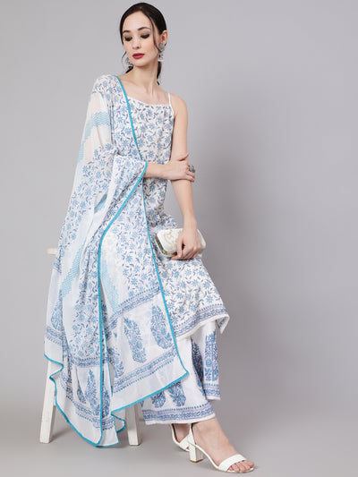 White Block Printed Kurta Palazzo With Dupatta