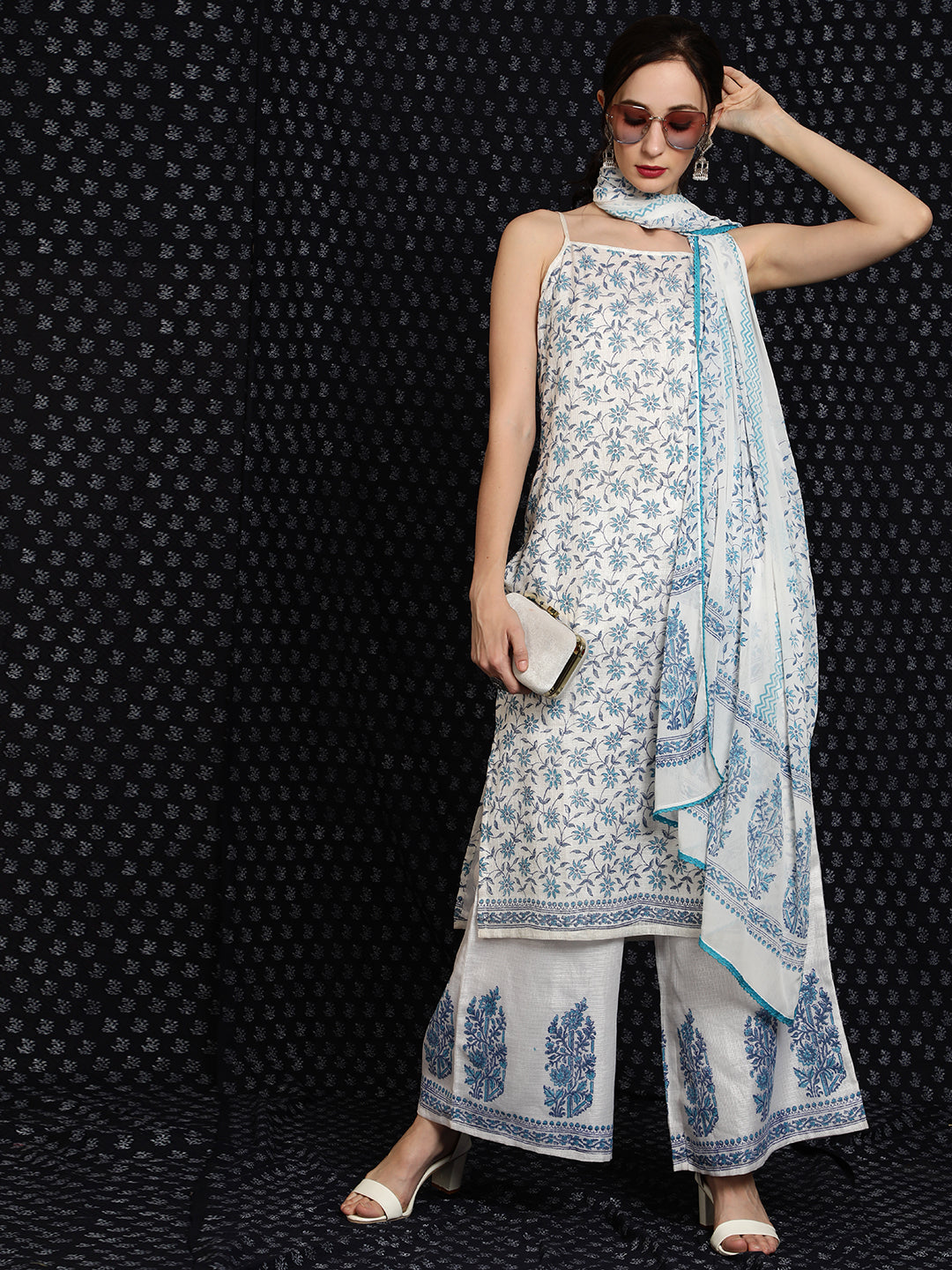 White Block Printed Kurta Palazzo With Dupatta