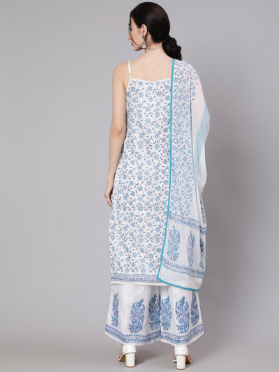 White Block Printed Kurta Palazzo With Dupatta