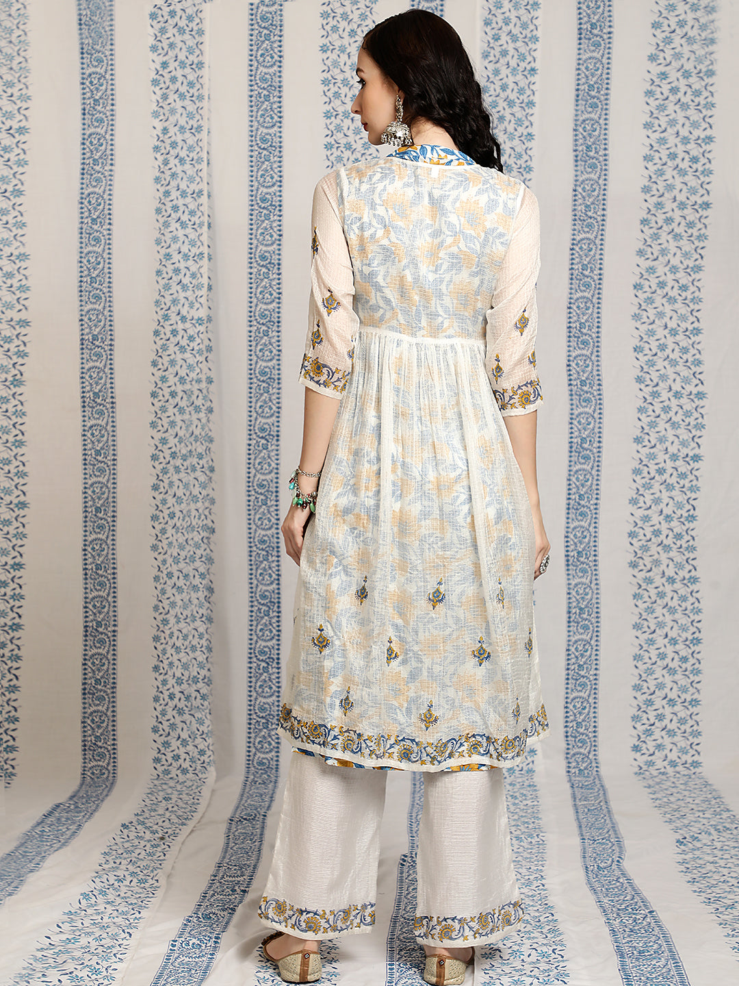 White Hand Block Print Layered Kurta With Palazzo