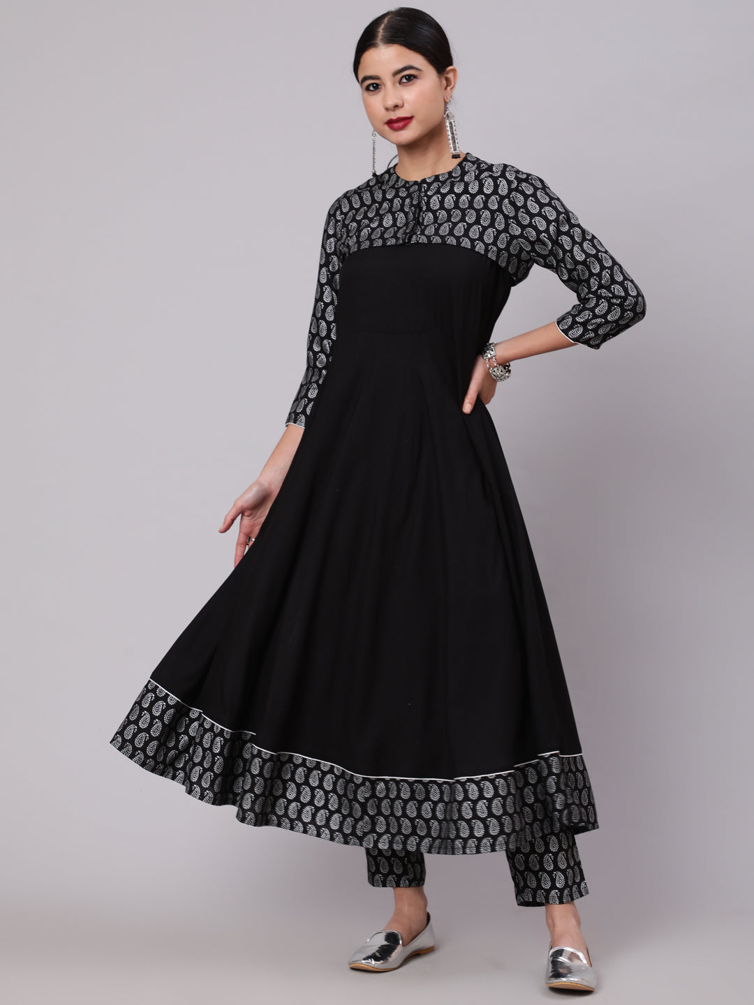 Black Leaf Print Anarkali Pant With Koti