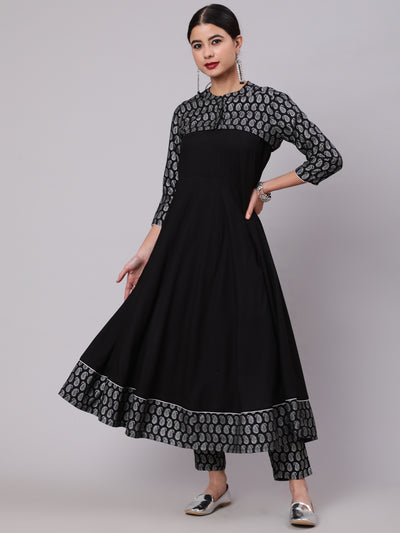 Black Leaf Print Anarkali Pant With Koti