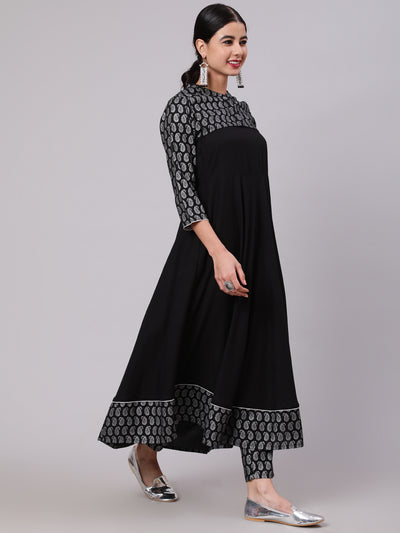 Black Leaf Print Anarkali Pant With Koti