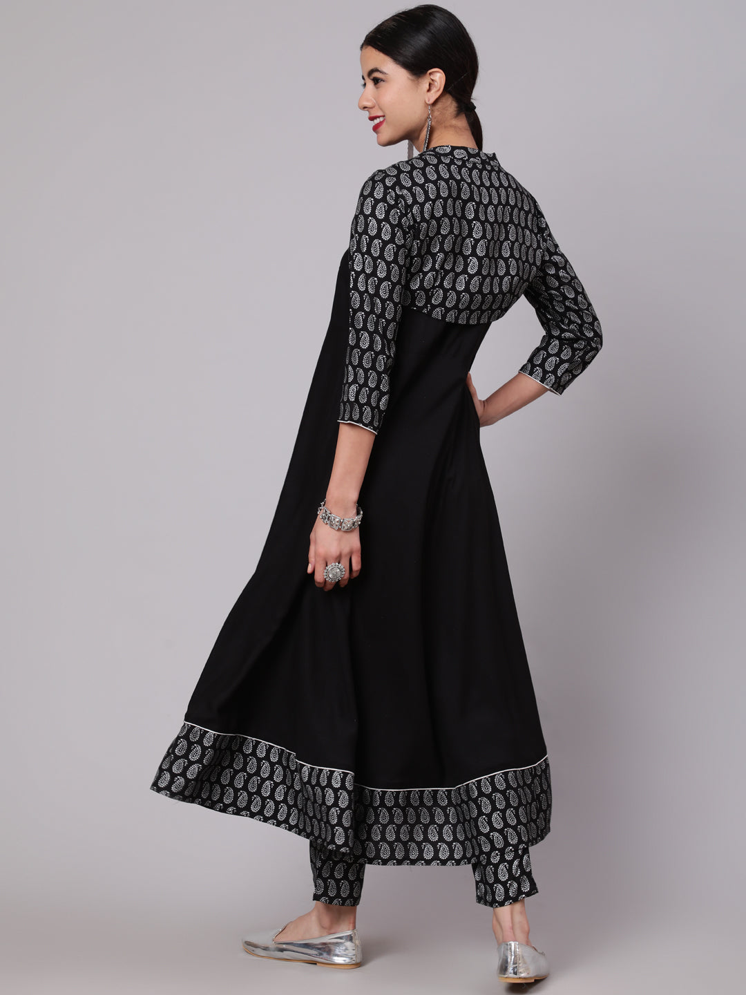 Black Leaf Print Anarkali Pant With Koti