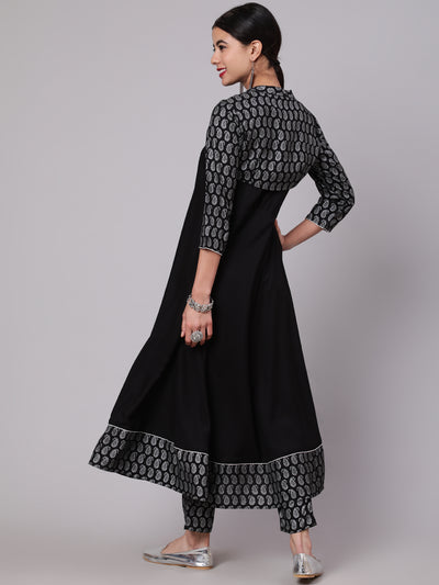 Black Leaf Print Anarkali Pant With Koti