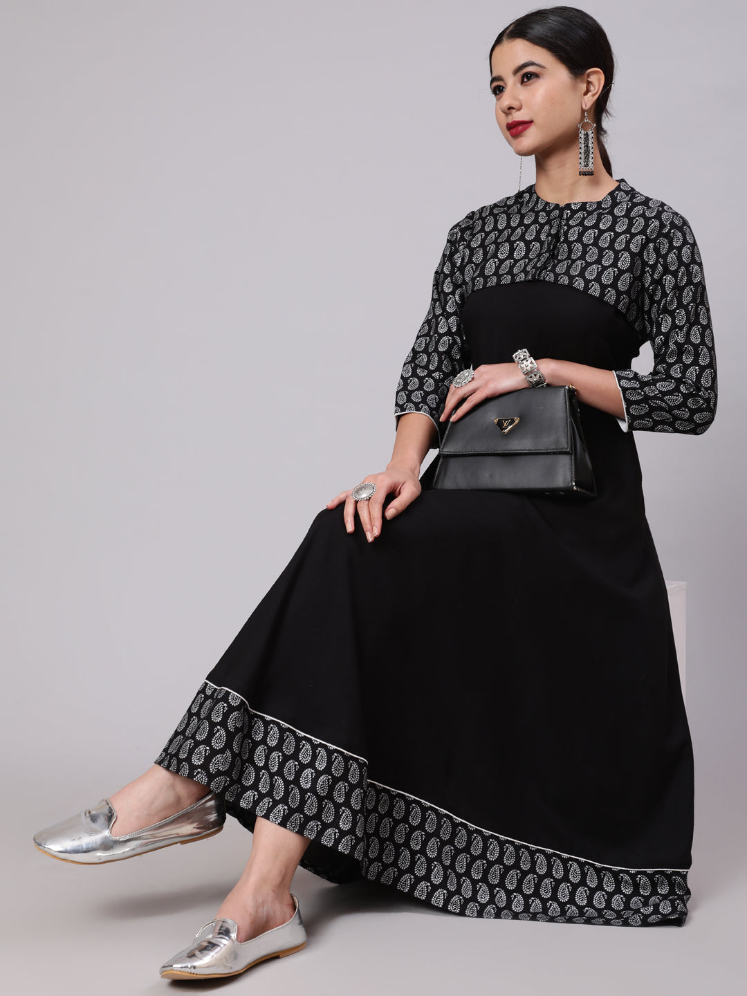 Black Leaf Print Anarkali Pant With Koti