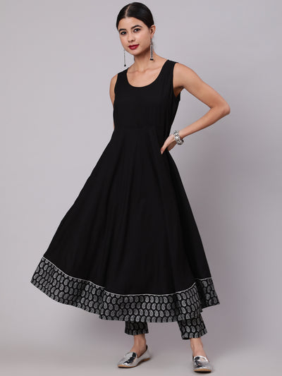 Black Leaf Print Anarkali Pant With Koti