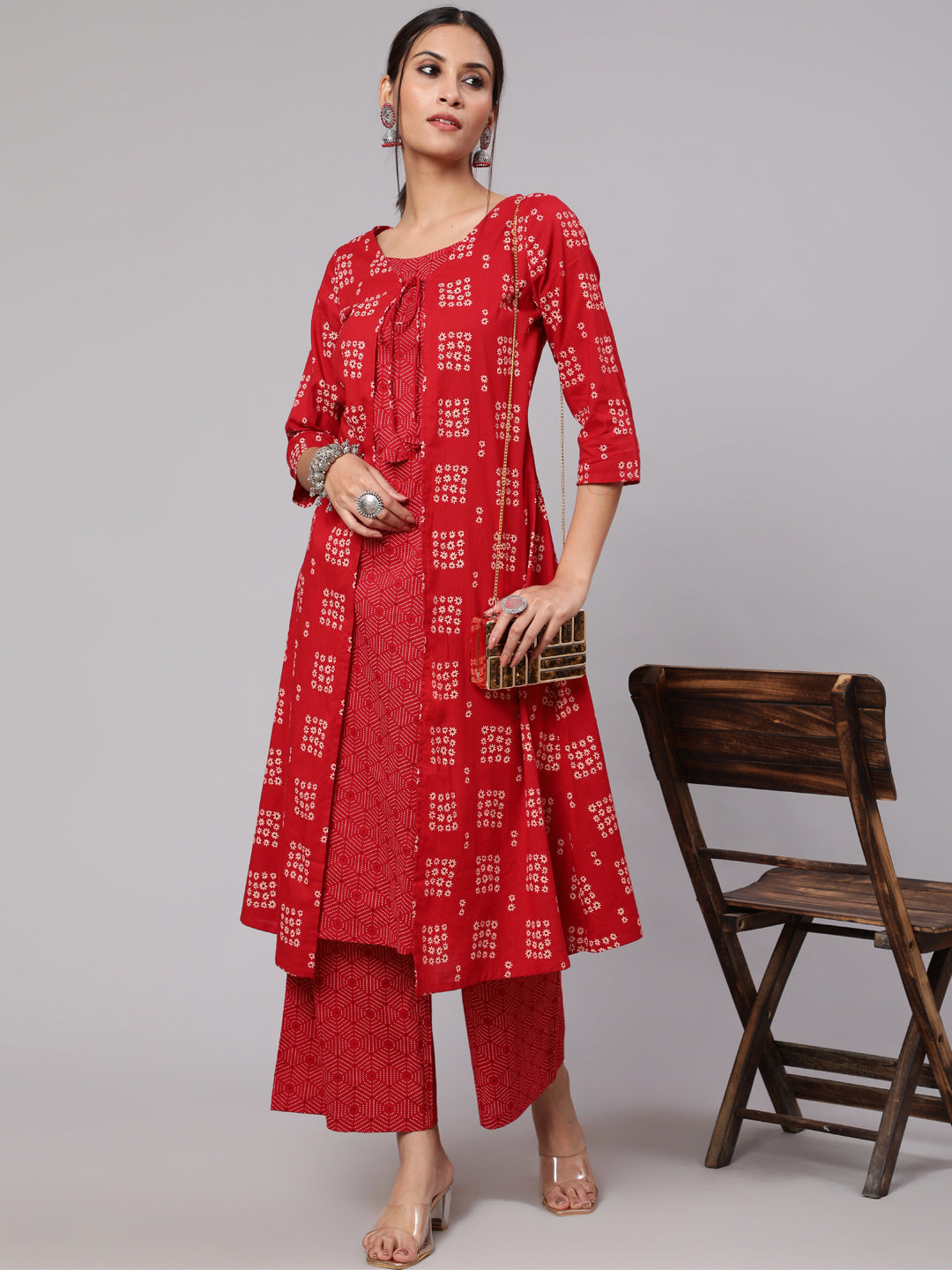 Red Floral Print A-Line Layered Kurta With Palazzo