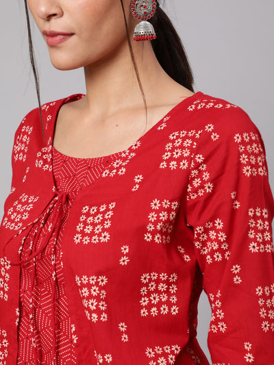 Red Floral Print A-Line Layered Kurta With Palazzo