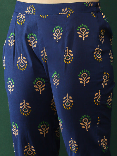 Navy Blue Floral Print Kurta With Pant