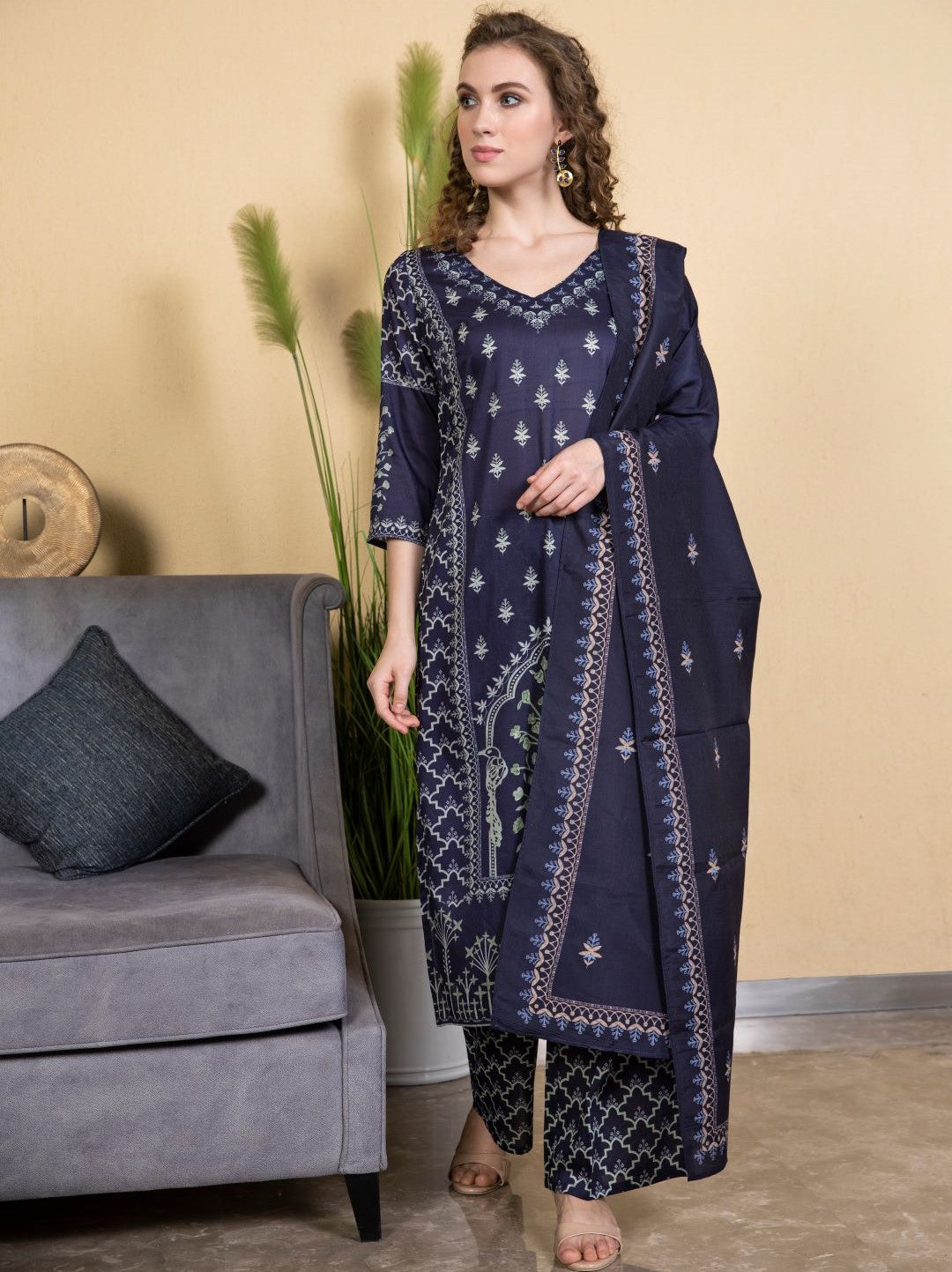 Navy Blue Digital Print Kurta Palazzo With Dupatta