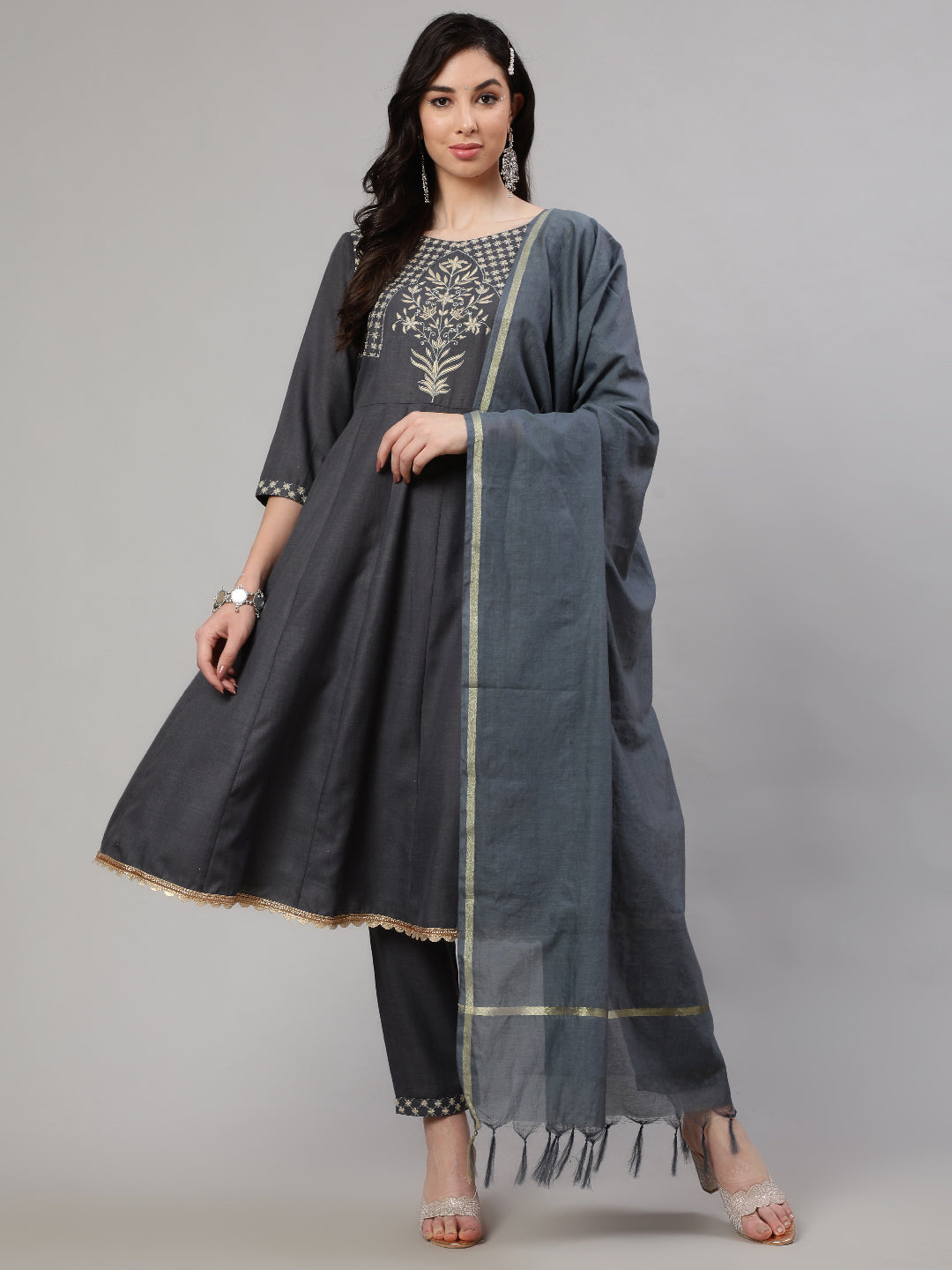 Grey Embroidered Anarkali Pant With Dupatta