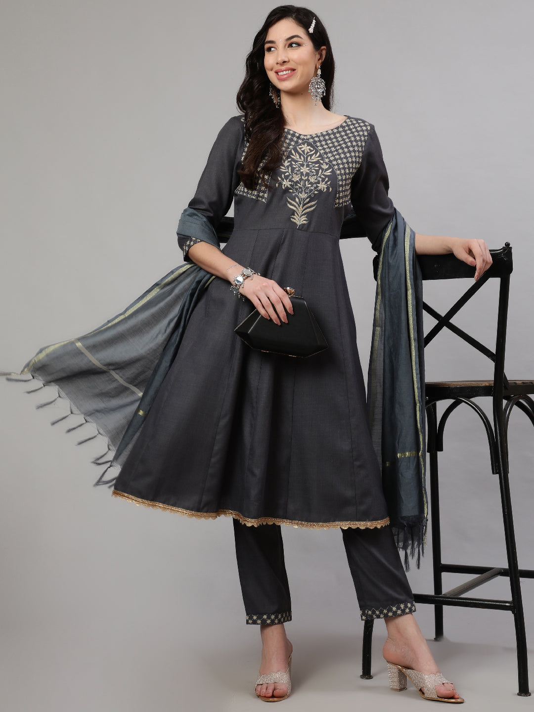 Grey Embroidered Anarkali Pant With Dupatta