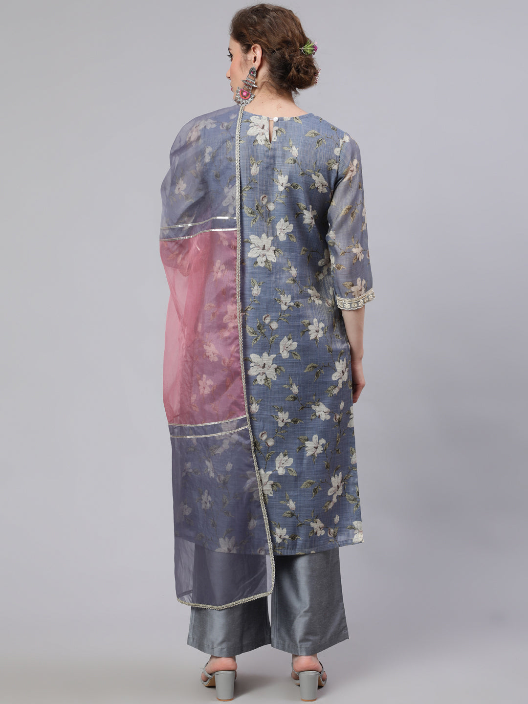 Grey Floral Print Kurta Palazzo With Dupatta