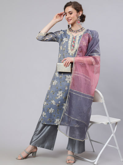 Grey Floral Print Kurta Palazzo With Dupatta