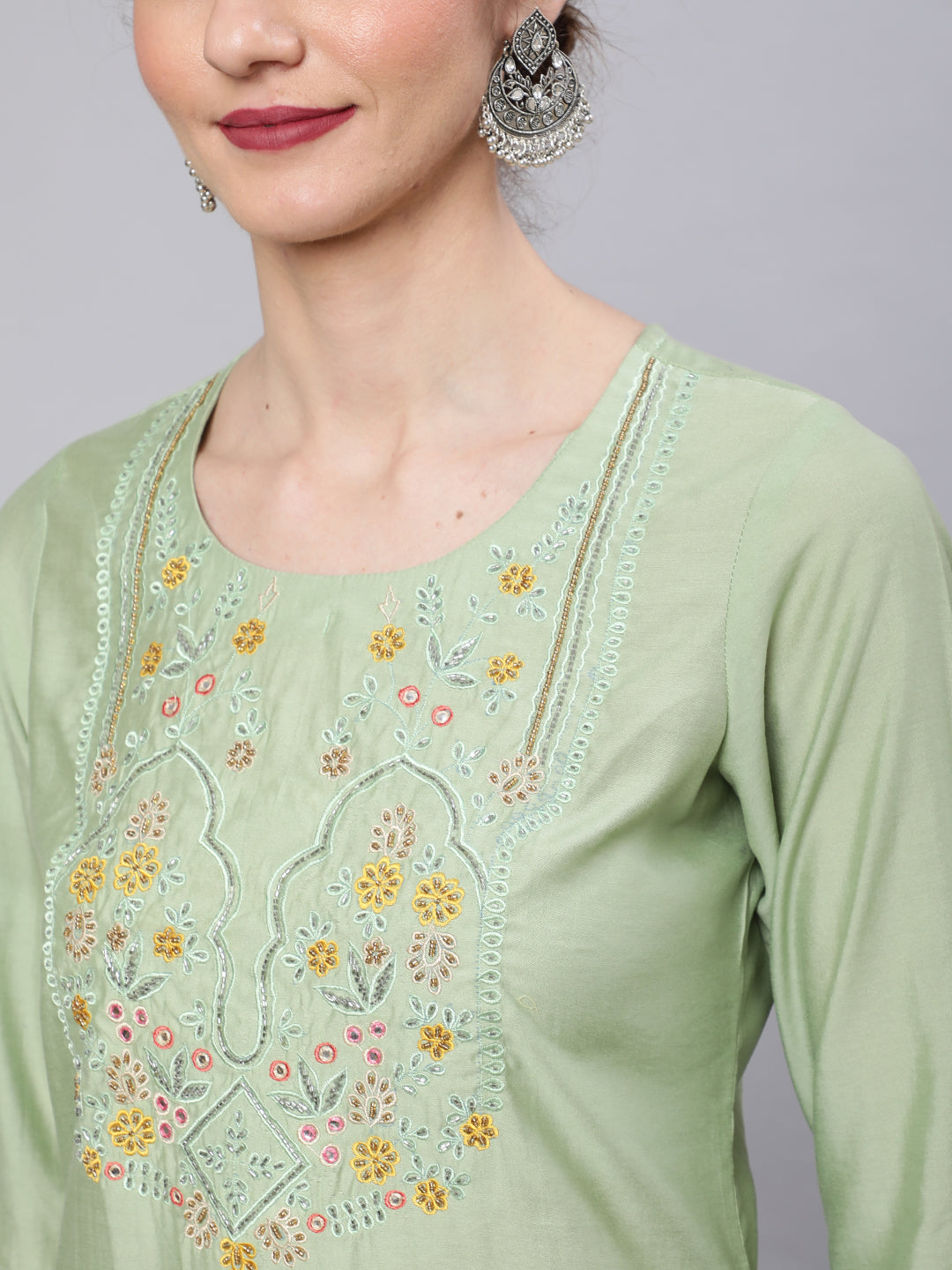 Pastel Green Embroidered Kurta Pant With Dupatta