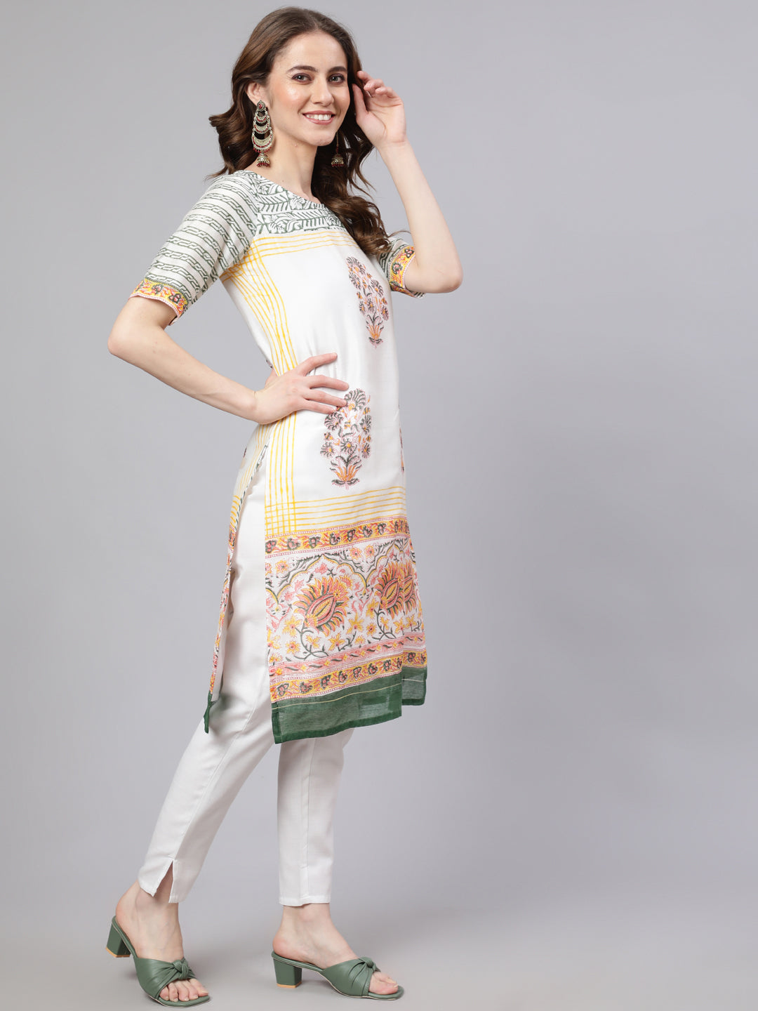 White Block Printed Kurta Set