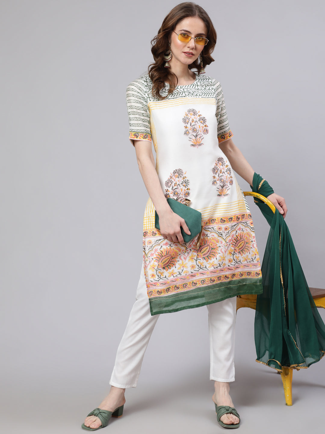 White Block Printed Kurta Set