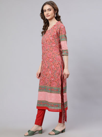 Pink Floral Print Kurta With Pant