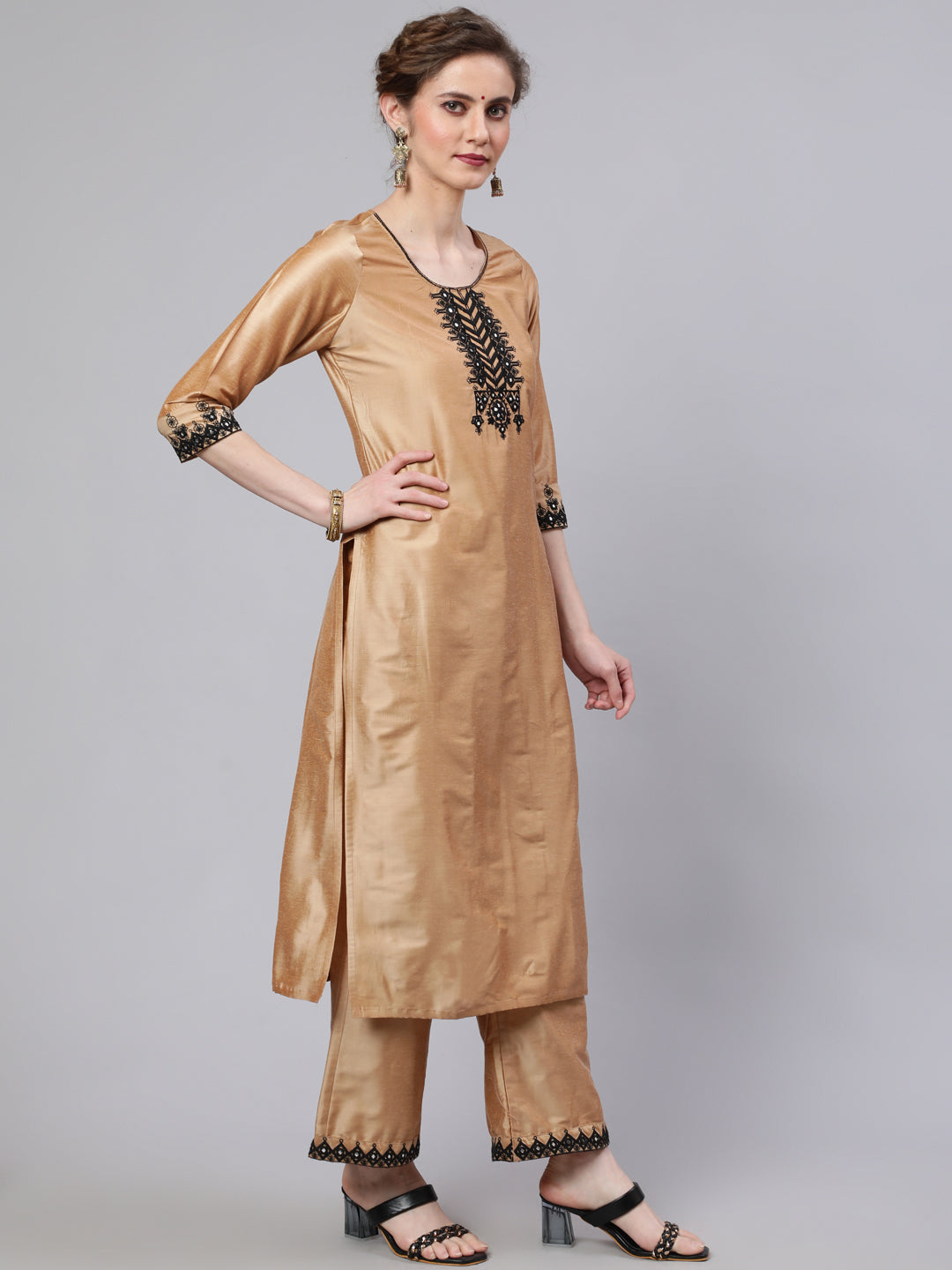 Beige Embroidered Kurta Palazzo With Dupatta