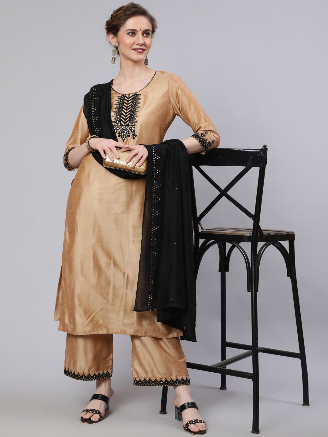 Beige Embroidered Kurta Palazzo With Dupatta