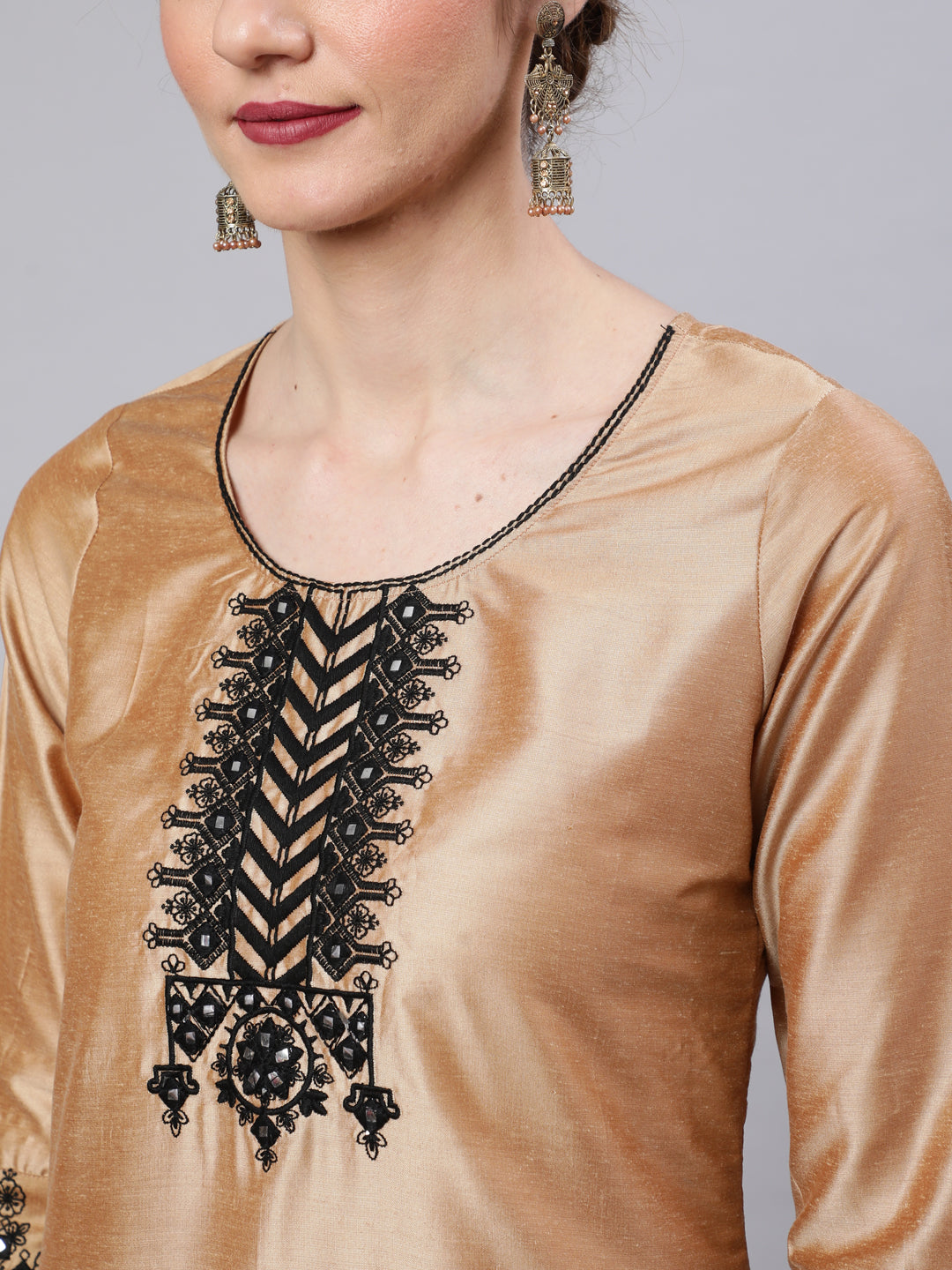 Beige Embroidered Kurta Palazzo With Dupatta