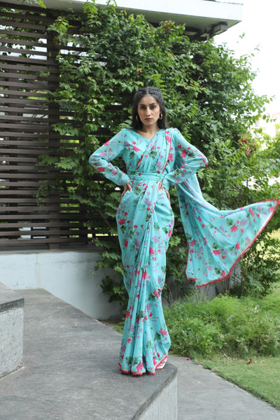 Blue Floral Print Saree With Blouse