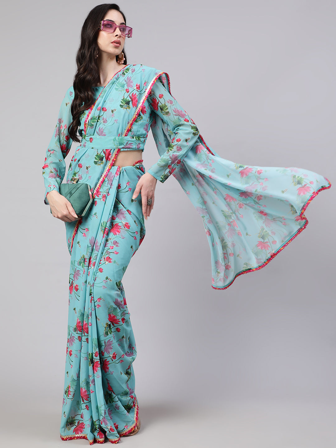 Blue Floral Print Saree With Blouse